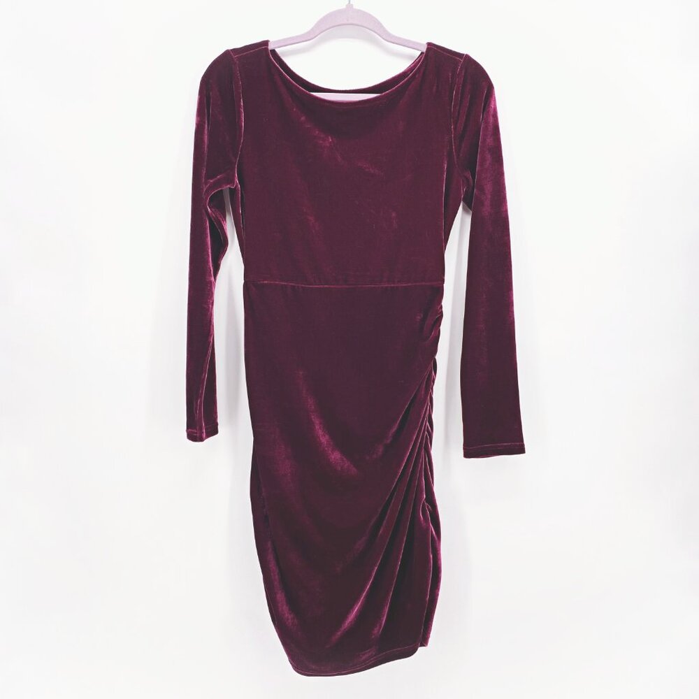 Lulu's Velvet Long Sleeve Dress in Burgundy
